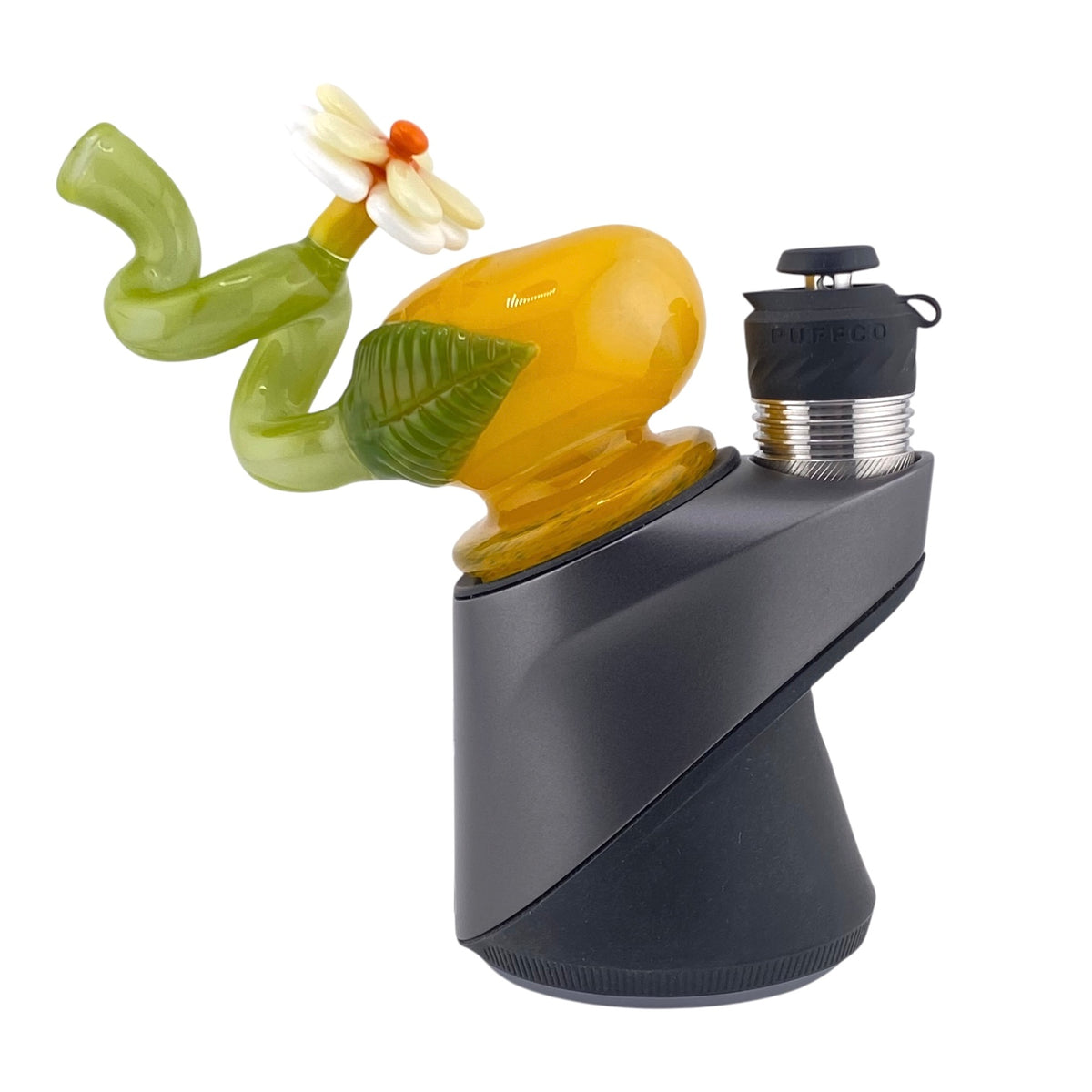 The Waffle Glass Mango Dry Puffco Peak Attachment features a fun mango shaped design with a straw style mouthpiece
