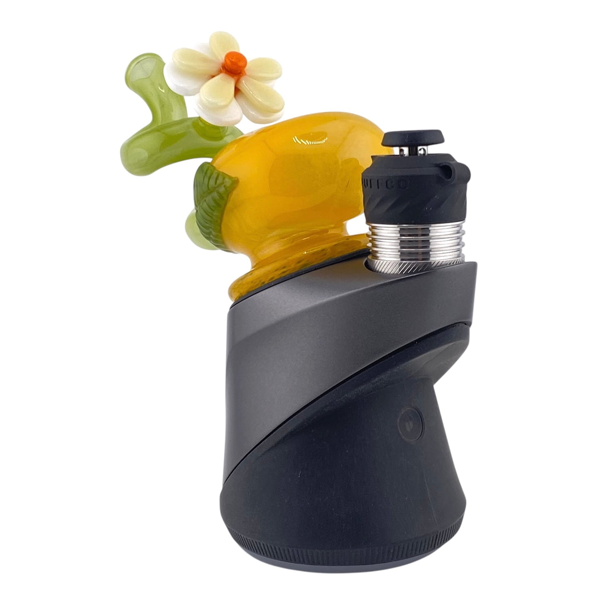 The Waffle Glass Mango Dry Puffco Peak Attachment features a fun mango shaped design with a straw style mouthpiece