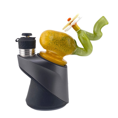 The Waffle Glass Mango Dry Puffco Peak Attachment features a fun mango shaped design with a straw style mouthpiece