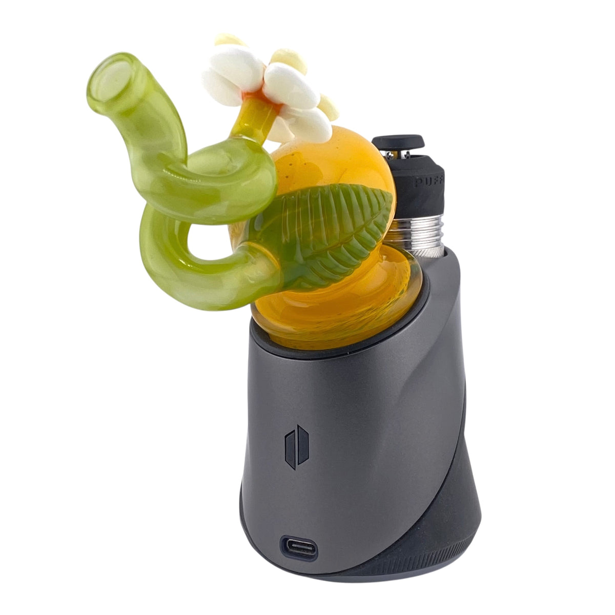 The Waffle Glass Mango Dry Puffco Peak Attachment features a fun mango shaped design with a straw style mouthpiece